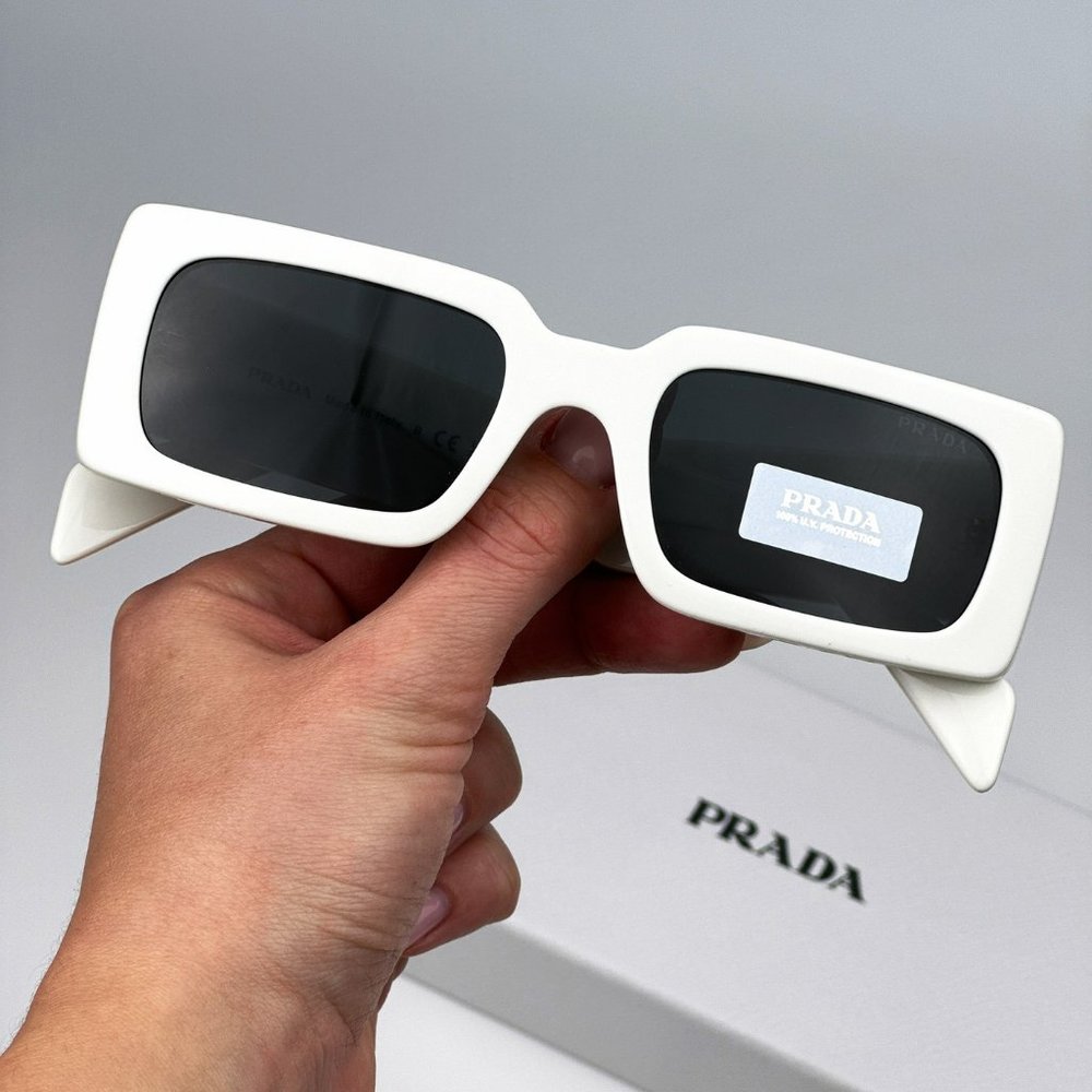 Prada PR A07S 1425S0 Sunglasses Talc White Dark Grey Rectangle Unisex - Picture 2 of 10